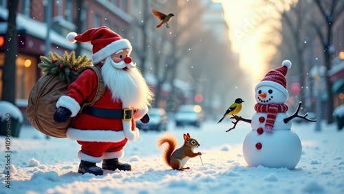 Santa Claus stands with large gift sack, interacting with friendly squirrel and smiling snowman on snowy urban street, surrounded by festive decorations. Christmas and happy new year vibe