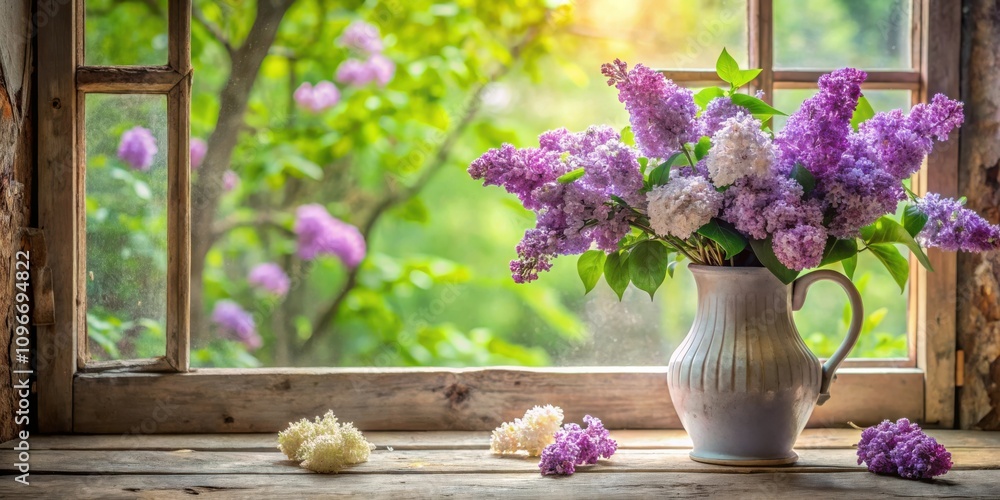 A Rustic Windowsill Adorned with a Delicate Bouquet of Lilac Flowers in a Creamy White Pitcher, Bathed in Warm Sunlight and Framed by a Window with a Blurred View of Lush Greenery A Rustic Windowsill Adorned with a Delicate Bouquet of Lilac Flowers in a Creamy White Pitcher, Bathed in Warm Sunlight and Framed by a Window with a Blurred View of Lush Greenery