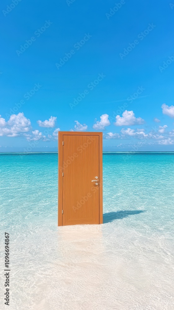 An Open Door Stands in the Shimmering Waters of a Tropical Beach, Offering a Mystical Passage Between Paradise and Imagination Beneath a Bright Blue Sky An Open Door Stands in the Shimmering Waters of a Tropical Beach, Offering a Mystical Passage Between Paradise and Imagination Beneath a Bright Blue Sky
