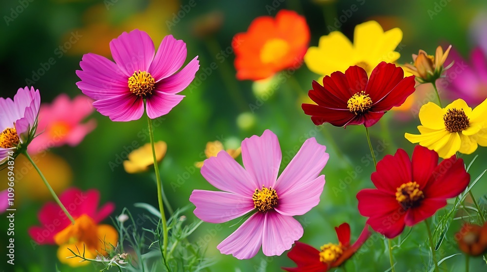 Colorful cosmos flowers in the meadow. Selective focus. Colorful cosmos flowers in the meadow. Selective focus.