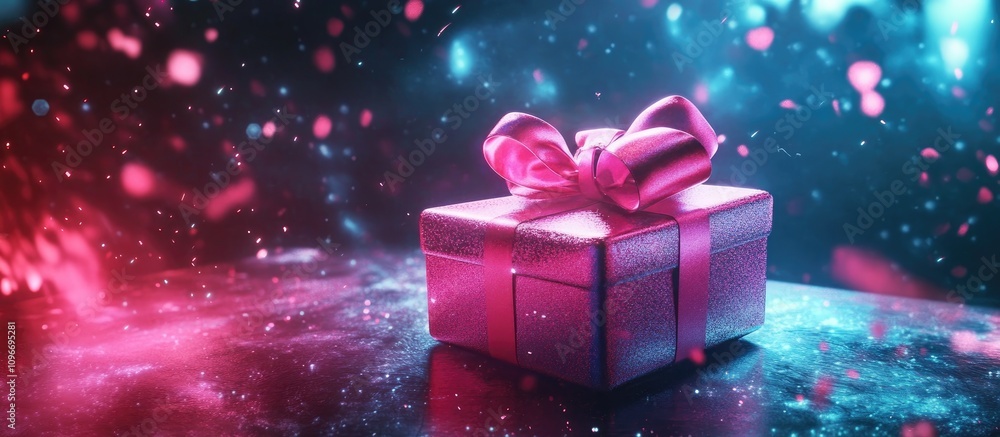 Vibrant gift box with pink bow surrounded by colorful lights and festive atmosphere ideal for celebrations and special occasions Vibrant gift box with pink bow surrounded by colorful lights and festive atmosphere ideal for celebrations and special occasions