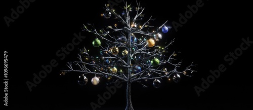 Christmas tree decorated with colorful ornaments and lights against a dark background showcasing a festive ambiance and holiday spirit. photo