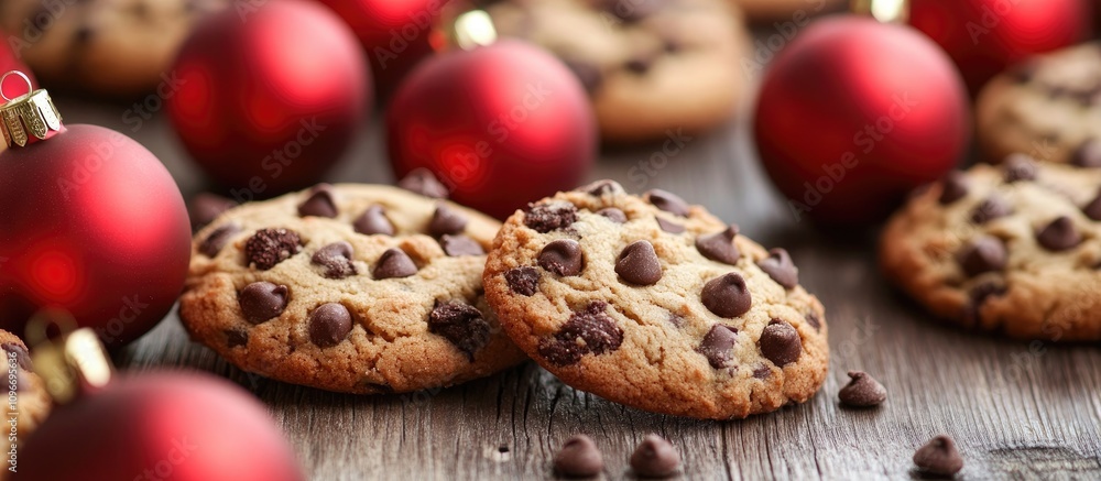 Chocolate chip cookies surrounded by festive red ornaments on a rustic wooden table perfect for holiday celebrations and gatherings Chocolate chip cookies surrounded by festive red ornaments on a rustic wooden table perfect for holiday celebrations and gatherings