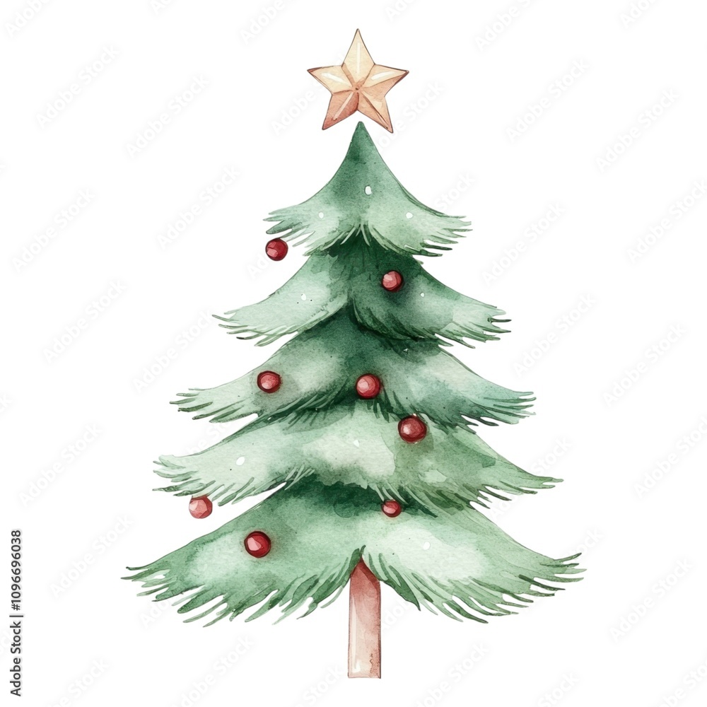 A decorated Christmas tree with a star on top and red ornaments, showcasing vibrant green foliage and a festive spirit. A decorated Christmas tree with a star on top and red ornaments, showcasing vibrant green foliage and a festive spirit.