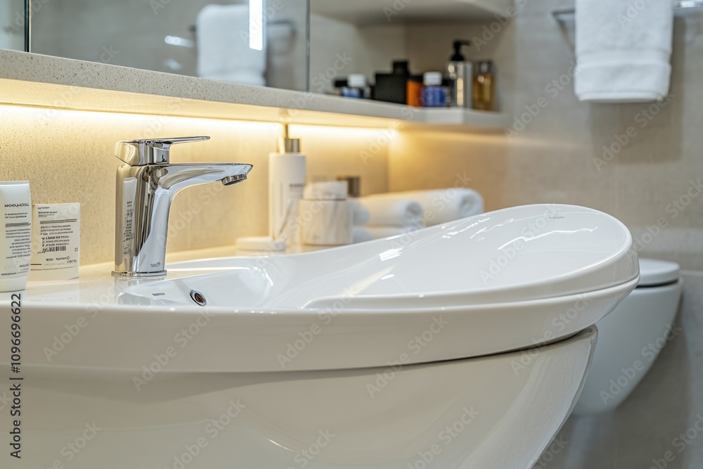 Fototapeta premium A white sink situated beneath a bathroom mirror