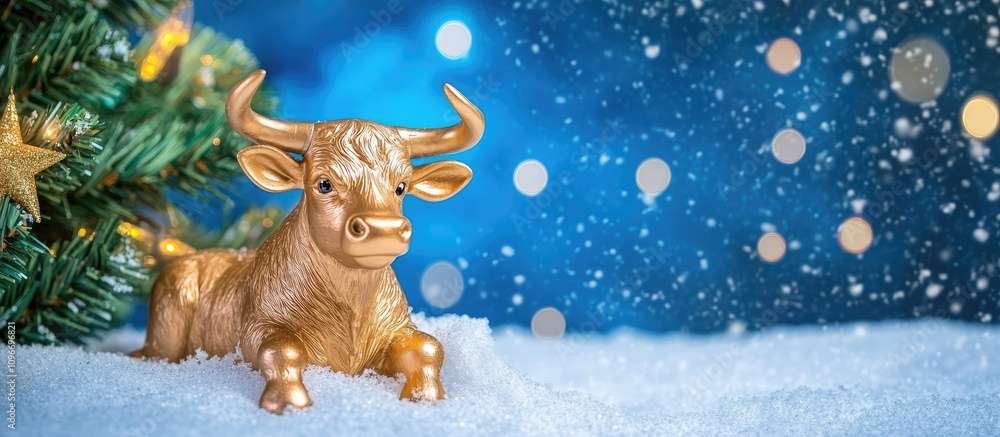 Golden toy bull in snow with Christmas tree background creating a festive New Year postcard atmosphere with space for messages Golden toy bull in snow with Christmas tree background creating a festive New Year postcard atmosphere with space for messages