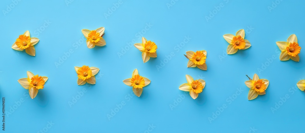 Obraz premium Bright yellow daffodils arranged on a vivid blue background celebrating spring's vibrant colors and natural beauty.