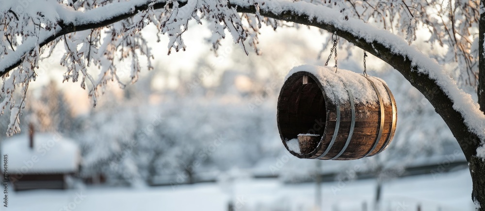 Birdhouse shaped like a barrel suspended from a snow-covered tree branch in a serene winter landscape Birdhouse shaped like a barrel suspended from a snow-covered tree branch in a serene winter landscape