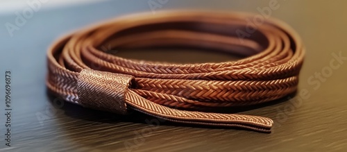 Brown braided rope neatly coiled on a dark surface showcasing texture and detail for various creative and design purposes photo