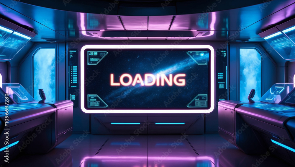 A futuristic control room with holographic interfaces and a large monitor displaying the word 'LOADING' in glowing neon text. A futuristic control room with holographic interfaces and a large monitor displaying the word 'LOADING' in glowing neon text.