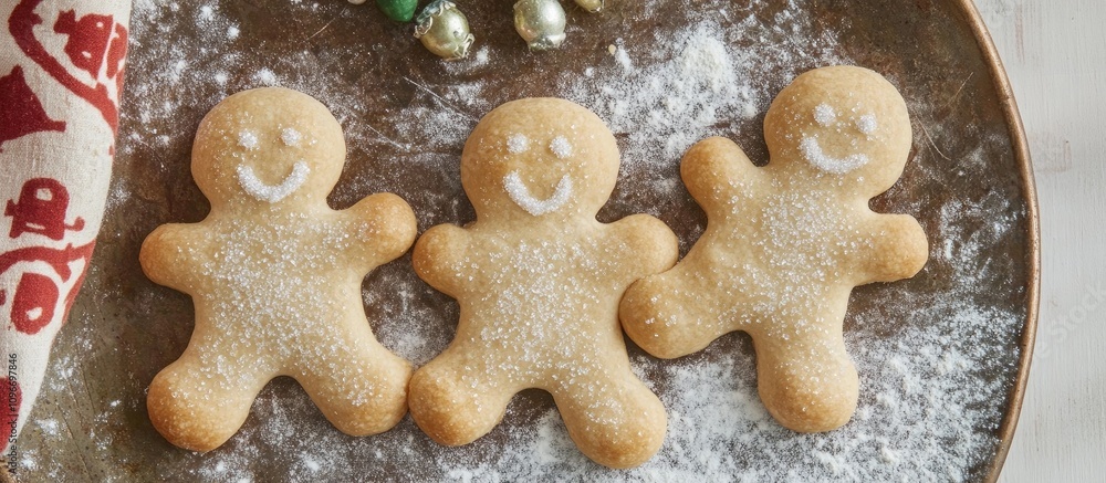 Homemade sweet yeast dough cookies shaped like men decorated with sugar on a festive tray Homemade sweet yeast dough cookies shaped like men decorated with sugar on a festive tray