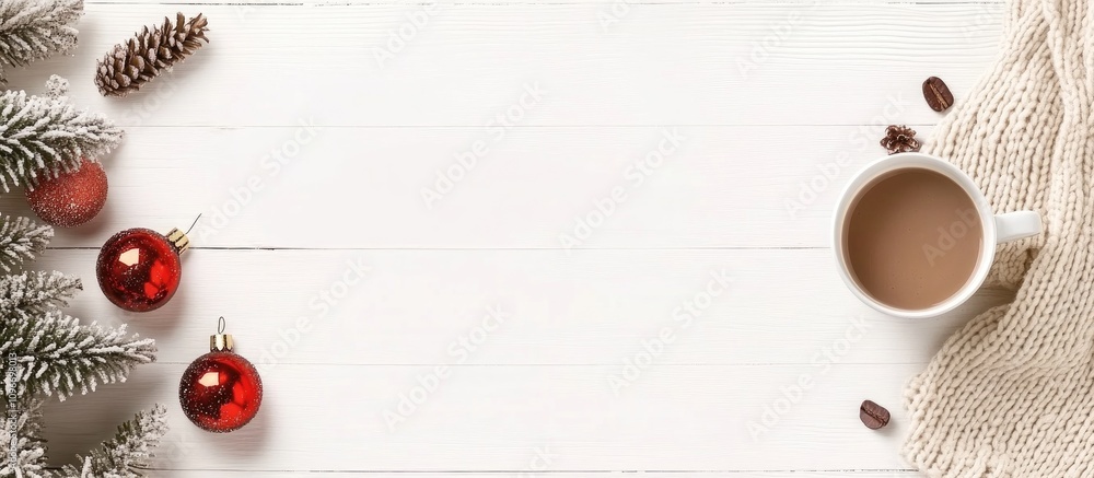 Fototapeta premium Cozy winter setting with cocoa cup on white wooden surface surrounded by Christmas decorations and space for seasonal text or messages