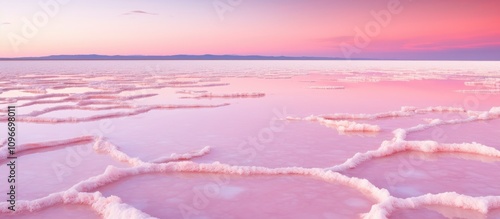 Fototapeta Naklejka Na Ścianę i Meble -  Expansive pink salt lake landscape reflecting serene pastel skies and unique saline formations at sunset