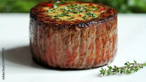 A beautifully cooked steak, glazed with herbed sauce, presented artfully on a white surface photo