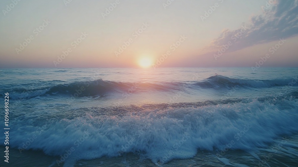 Fototapeta premium Serene sunrise over calm ocean waves.