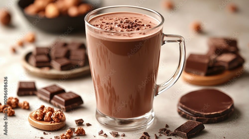 A warm cup of hot chocolate sits among assorted chocolate snacks, creating a inviting atmosphere A warm cup of hot chocolate sits among assorted chocolate snacks, creating a inviting atmosphere