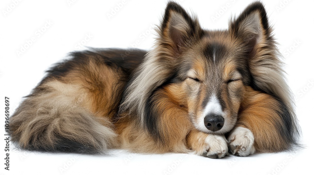 A beautiful collie lies curled up, eyes closed, enjoying a moment of tranquility indoors A beautiful collie lies curled up, eyes closed, enjoying a moment of tranquility indoors