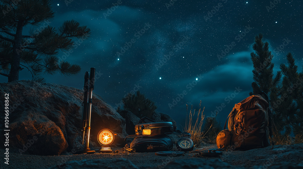 Camping essentials set up in a rugged rocky environment, illuminated by a warm lamp, under a breathtaking starry sky, evoking adventure and peace at night. Camping essentials set up in a rugged rocky environment, illuminated by a warm lamp, under a breathtaking starry sky, evoking adventure and peace at night.