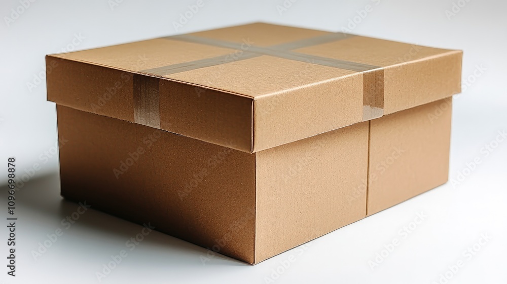 Fototapeta premium Cardboard box with tape sits on a clean surface, awaiting contents for shipping or storage