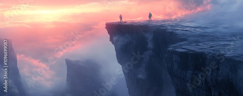 Digital art of a breathtaking cliffside encounter two figures on the edge, conveying intense emotions in a striking, dramatic scenery