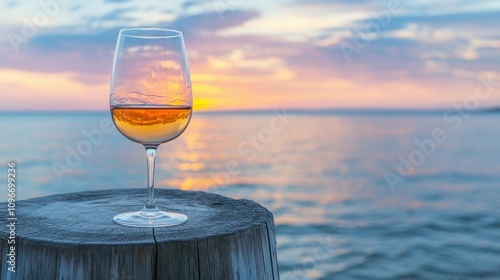 Elegant Glass of Wine on Wooden Post Overlooking Serene Sunset at the Seaside, Capturing the Tranquil Beauty of a Marine Landscape in Summer Evenings