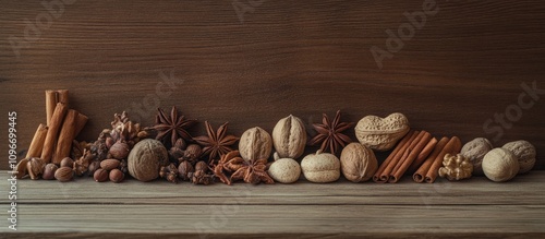 Christmas holiday decoration featuring an array of nuts and spices beautifully arranged on a rustic wooden table background. photo