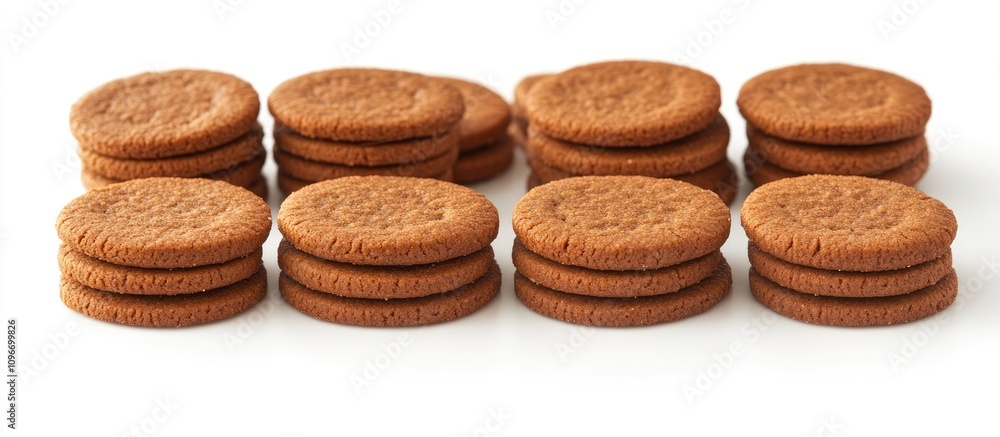 Stacks of delicious brown cookies arranged neatly on a white background showcasing their rich texture and appealing color. Stacks of delicious brown cookies arranged neatly on a white background showcasing their rich texture and appealing color.
