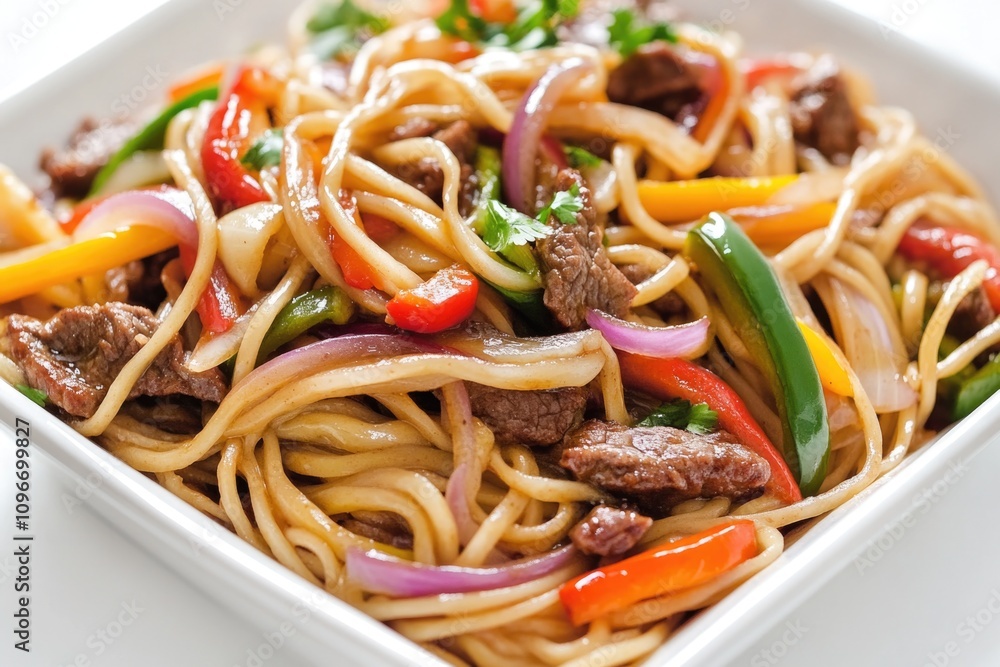 A simple meal of noodles and meat in a white bowl A simple meal of noodles and meat in a white bowl