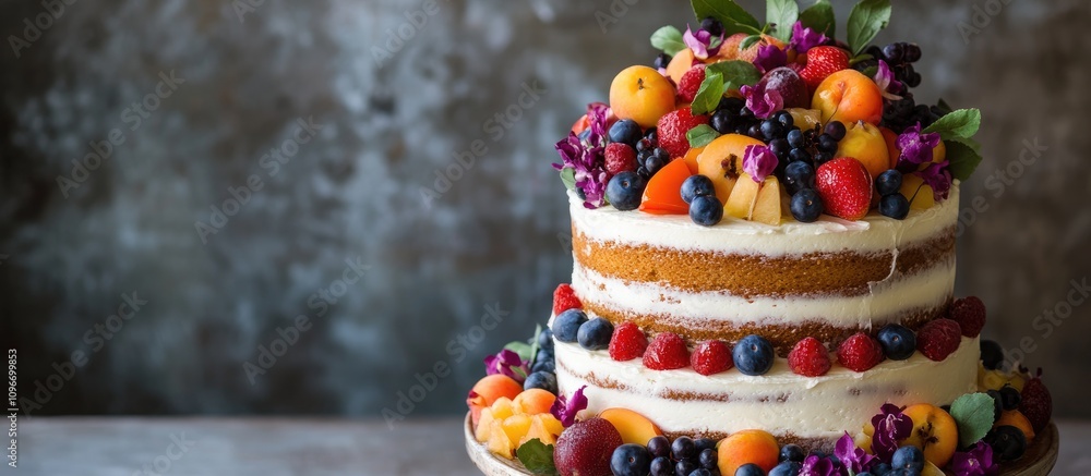 Fruit tiered cake adorned with fresh berries and decorative blooms showcasing vibrant colors and enticing textures for a delightful dessert. Fruit tiered cake adorned with fresh berries and decorative blooms showcasing vibrant colors and enticing textures for a delightful dessert.