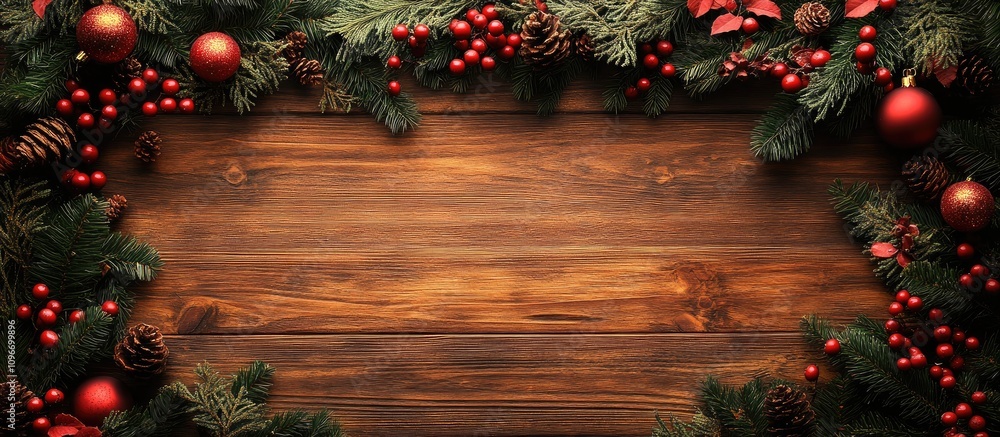 Festive Christmas border of fir, mistletoe, and ornaments on warm wooden background creating a cozy holiday atmosphere. Festive Christmas border of fir, mistletoe, and ornaments on warm wooden background creating a cozy holiday atmosphere.