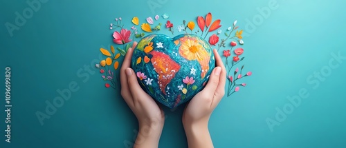 Earth Day concept little hands, big heart, holding Earth with vibrant greenery and environmental symbols of protection and sustainability