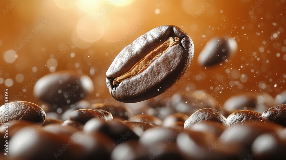 Dark roasted coffee beans float, creating a mesmerizing effect against a glowing backdrop Dark roasted coffee beans float, creating a mesmerizing effect against a glowing backdrop