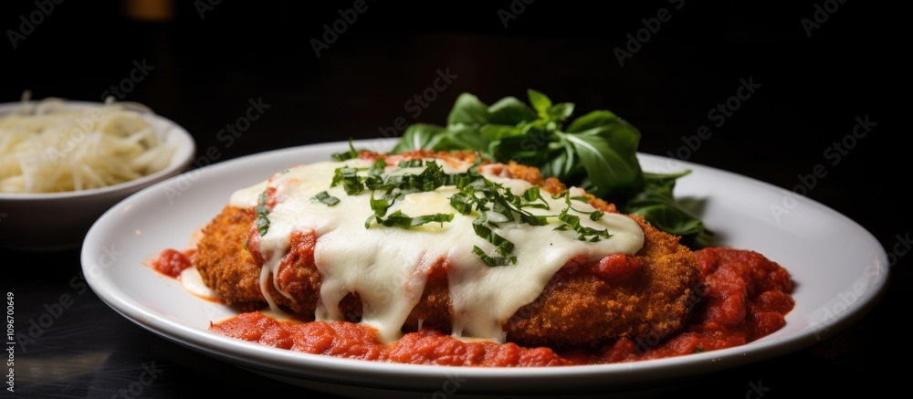 Veal Parmigiana Classic Comfort Dish Breaded Veal with Marinara Sauce Melted Cheese and Fresh Herbs Served on a Plate Veal Parmigiana Classic Comfort Dish Breaded Veal with Marinara Sauce Melted Cheese and Fresh Herbs Served on a Plate