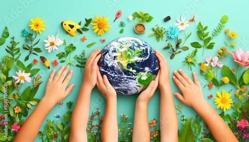 Earth Day logo a child s heartfelt promise to care for the planet, featuring hands around Earth, surrounded by ecofriendly symbols and greenery photo