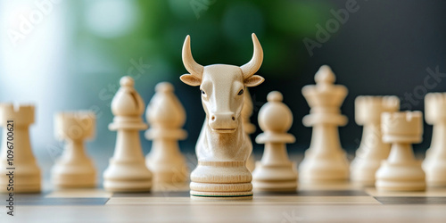 symbolic arrangement of chess pieces featuring bull figurine, representing strength and strategy in game of intellect. scene evokes sense of competition and focus