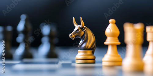 symbolic arrangement of chess pieces featuring bull figurine, representing strategy and competition. contrast between colors adds depth to scene