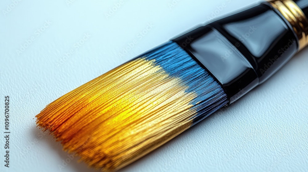 Fototapeta premium A close-up of a paintbrush with stunning golden and blue bristles for creative work