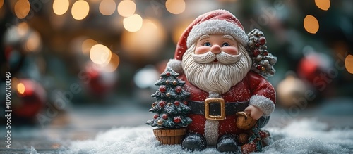 Festive Santa Claus figurine with red coat and hat holding a tree and wooden toy horse surrounded by artificial snow and holiday decor