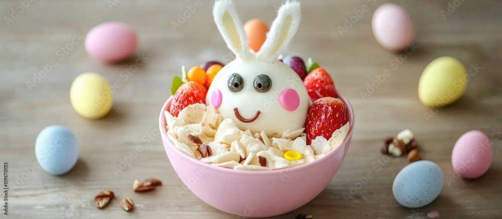 Easter themed breakfast bowl with bunny face made of fruit and yogurt surrounded by colorful eggs on a wooden surface Easter themed breakfast bowl with bunny face made of fruit and yogurt surrounded by colorful eggs on a wooden surface