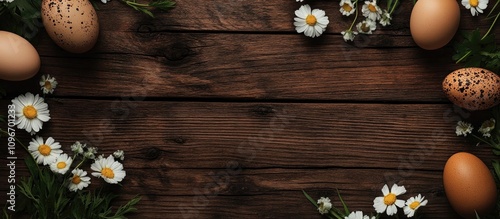 Floral arrangement with eggs on dark wooden background flat lay design featuring space for text and seasonal themes photo