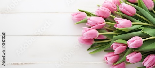 Pink tulips bouquet arranged on rustic white wooden table perfect for spring holidays with ample copy space for greeting messages or promotions photo