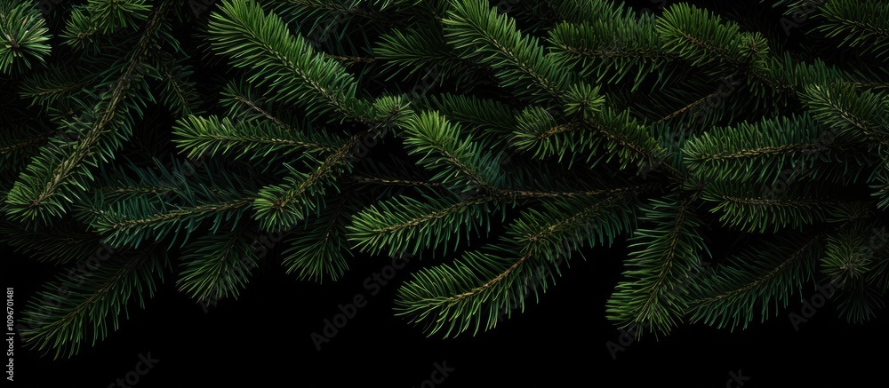 Lush fir tree branches on a black background showcasing deep green foliage for nature and holiday themed designs. Lush fir tree branches on a black background showcasing deep green foliage for nature and holiday themed designs.