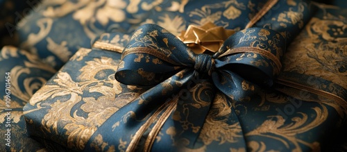 Elegant gift wrapping with ornate blue and gold design featuring a decorative bow for special occasions and merchandise presentation. photo