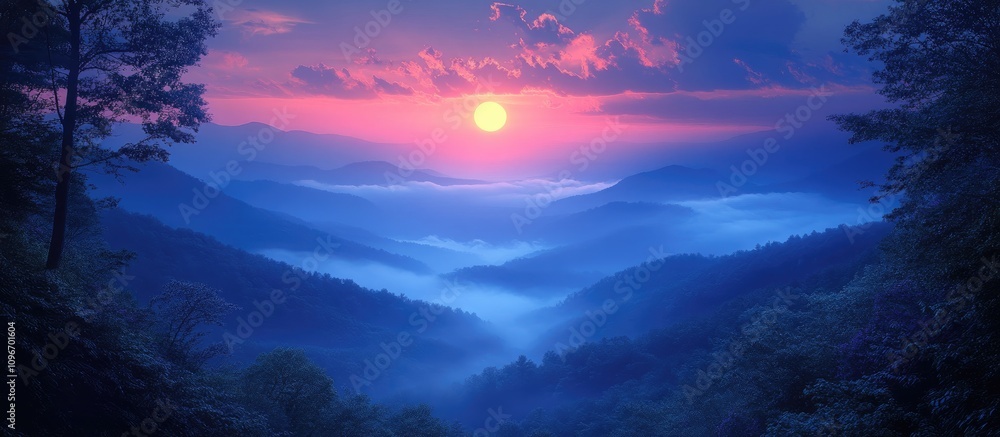Obraz premium Serene Blue Mountains at Dusk with Vibrant Sunset and Misty Valleys Capturing Nature's Tranquil Beauty and Atmospheric Depth