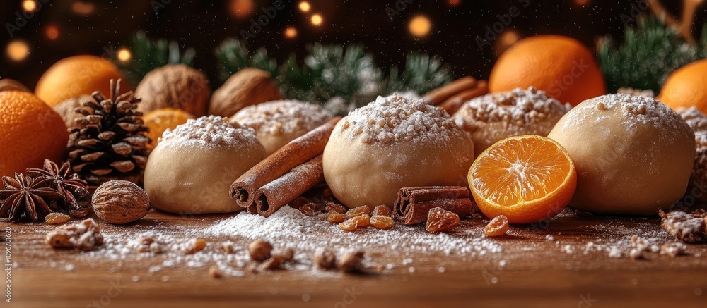 Festive holiday baking scene with dough, cinnamon sticks, mandarins, nuts, and decorations on a rustic wooden table. Festive holiday baking scene with dough, cinnamon sticks, mandarins, nuts, and decorations on a rustic wooden table.