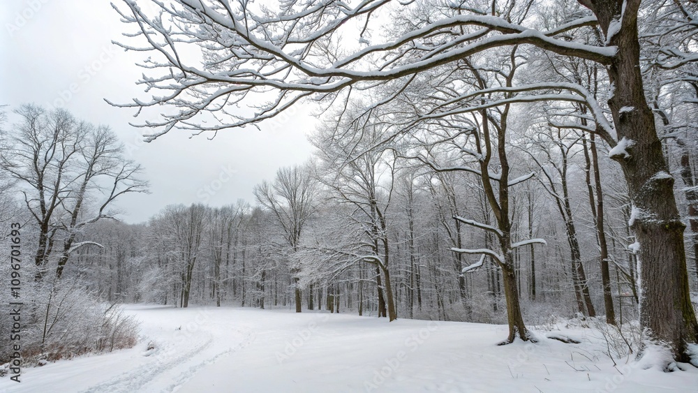 Obraz premium Snow-covered forest with bare tree branches, serene environment, frosty leaves, snowy forest floor, frozen scene