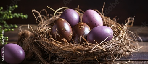 Easter chocolate eggs beautifully arranged in a rustic nest on wooden table for festive celebration and seasonal decorations.