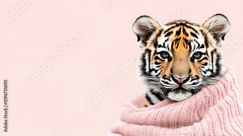 Adorable tiger cub snuggles in a cozy pink sweater against a soft pink background. A heartwarming winter scene!