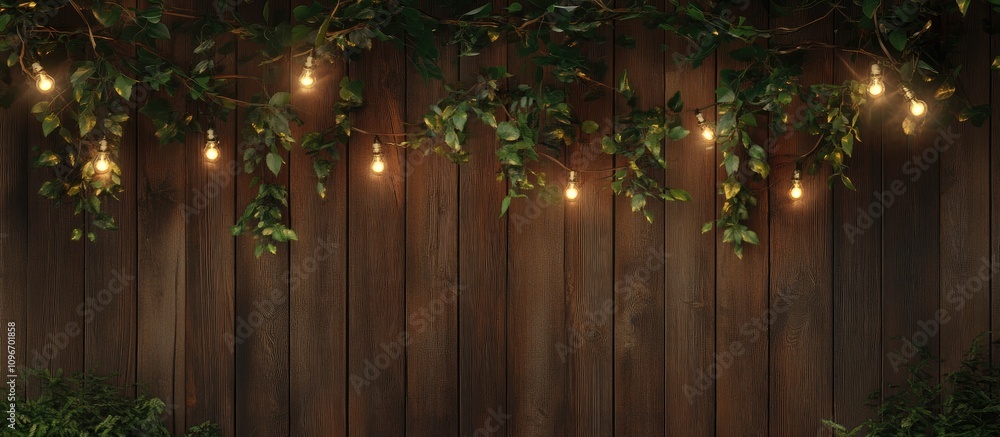 Fototapeta premium Electric garland with warm lights and greenery on rustic wooden background creating a cozy and inviting ambiance for events and decor.