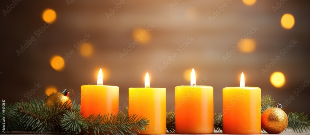 Advent candles in warm orange and yellow tones with lit flames and fir branches on rustic wood bokeh backdrop festive seasonal decor concept Advent candles in warm orange and yellow tones with lit flames and fir branches on rustic wood bokeh backdrop festive seasonal decor concept